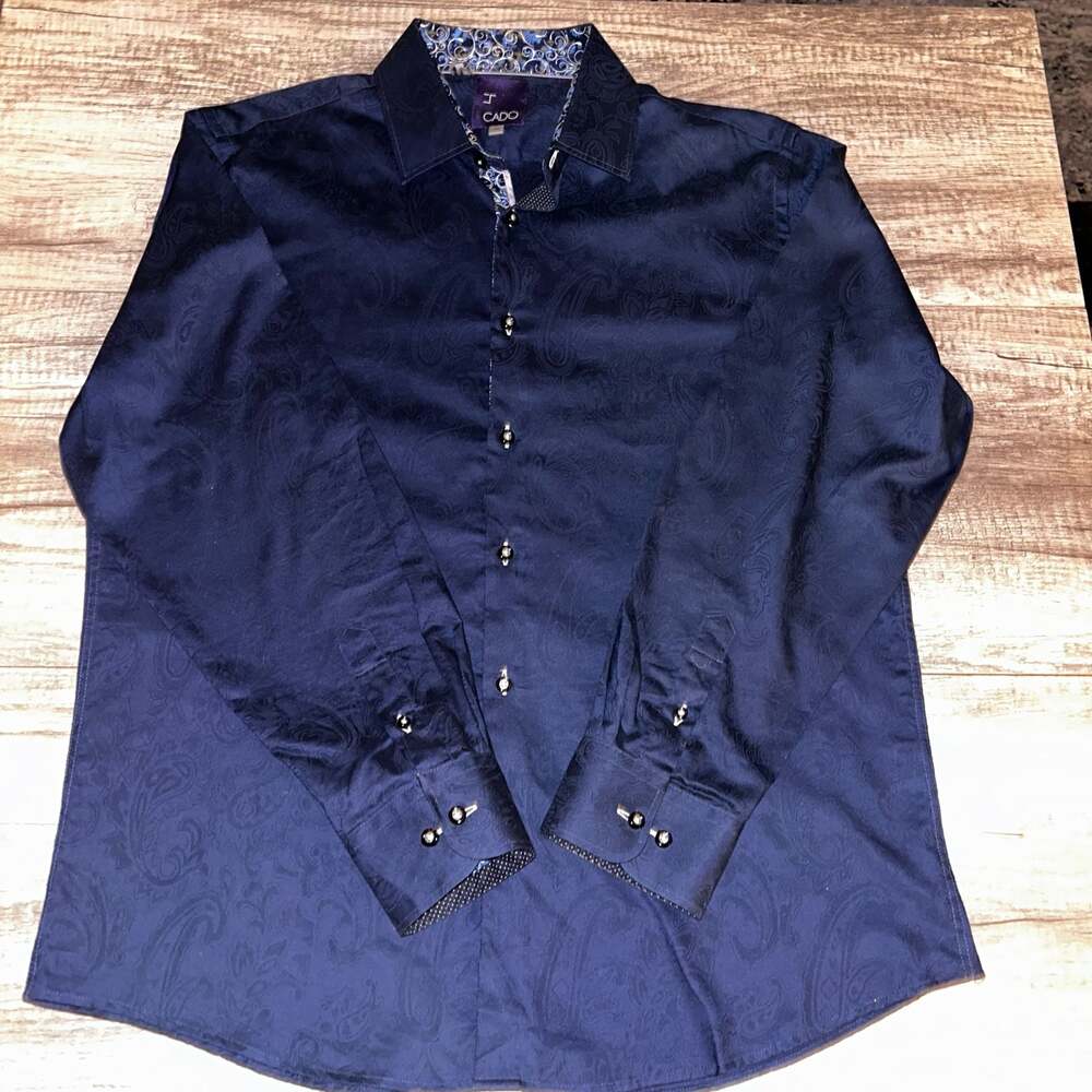 J Cado Men's Navy Blue Paisley Button Down Shirt Size XL H6